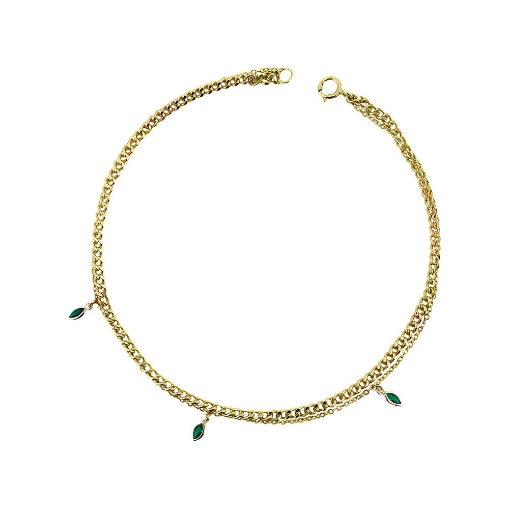 DPI - S/silv yg plate layered anklet with multi emerald CZ charms. Length: 24CM Material: 925 Sterling Silver + e-coat (anti-tarnish technology) Plating: 14k Gold Plated AK61-G