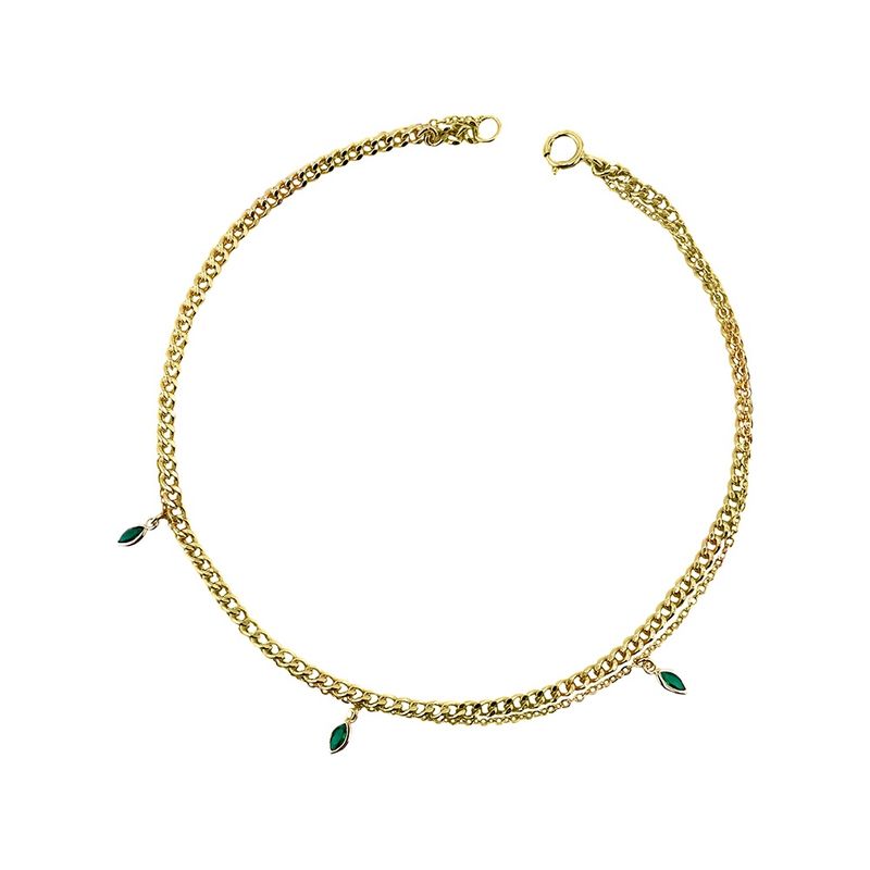 DPI - S/silv yg plate layered anklet with multi emerald CZ charms. Length: 24CM Material: 925 Sterling Silver + e-coat (anti-tarnish technology) Plating: 14k Gold Plated AK61-G