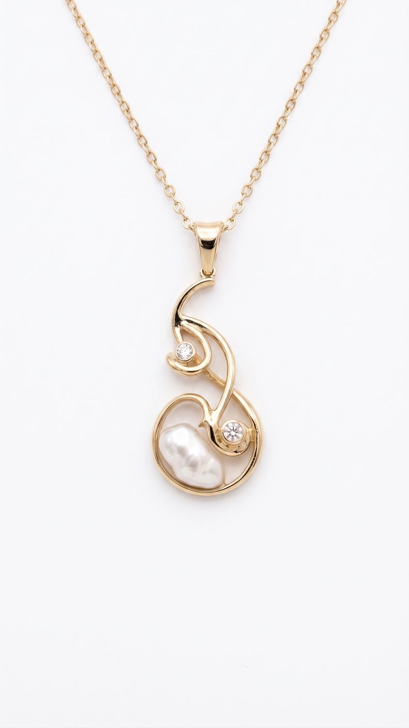 Fluid Grace: 9ct Yellow Gold Keshi Pearl &amp; Diamond Art Pendant 390283