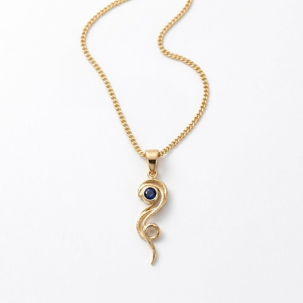 Oceanic Elegance: Textured Gold &amp; Sapphire Swirl Pendant 9ct Yellow Gold Pendant