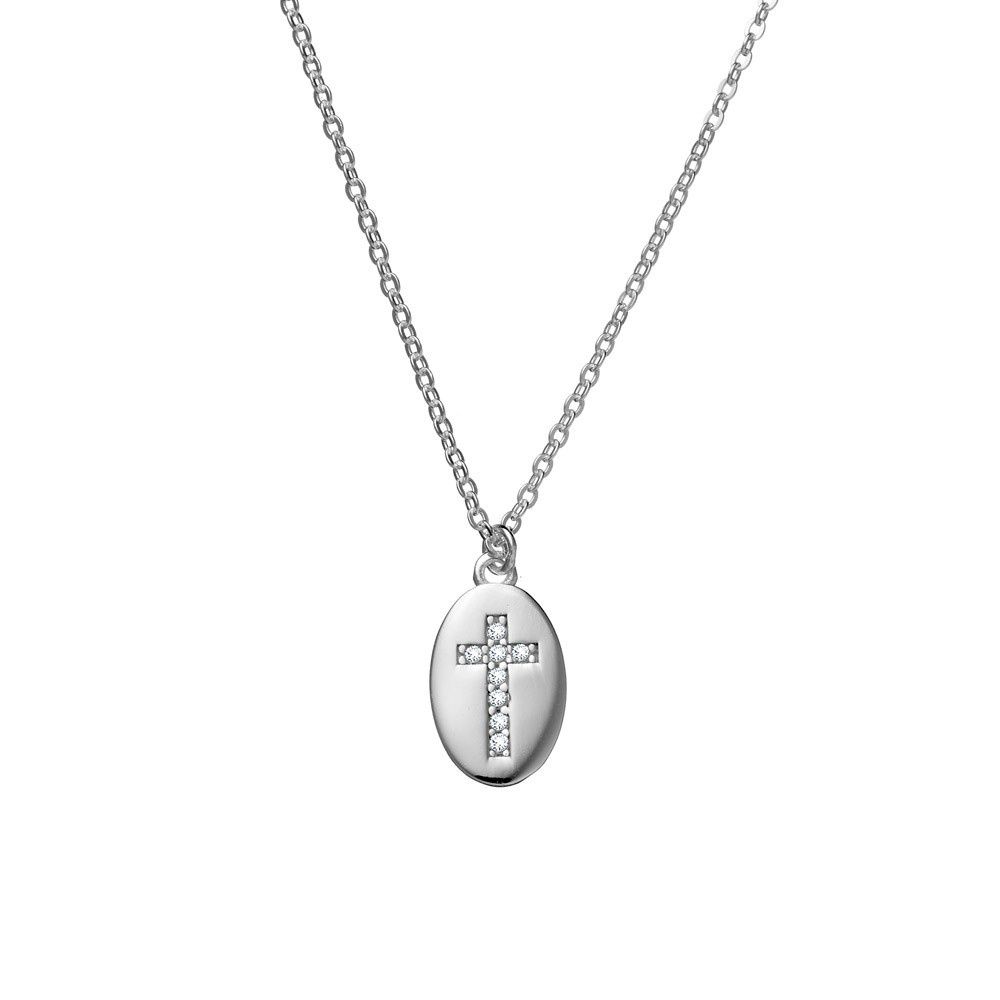 DPI - Sterling Silver necklace with oval pendant featuring CZ cross 40+5cm N389-S