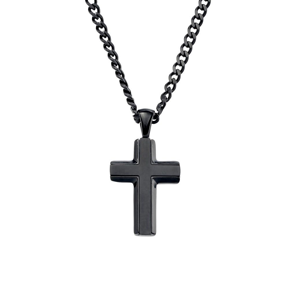 DPI- Blaze black bond stainless steel men’s shiny and matte finish cross 30x15mm pendant with 3MM curb chain 55cm SSN120-BLK