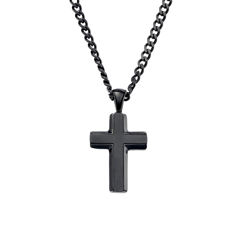 DPI- Blaze black bond stainless steel men’s shiny and matte finish cross 30x15mm pendant with 3MM curb chain 55cm SSN120-BLK