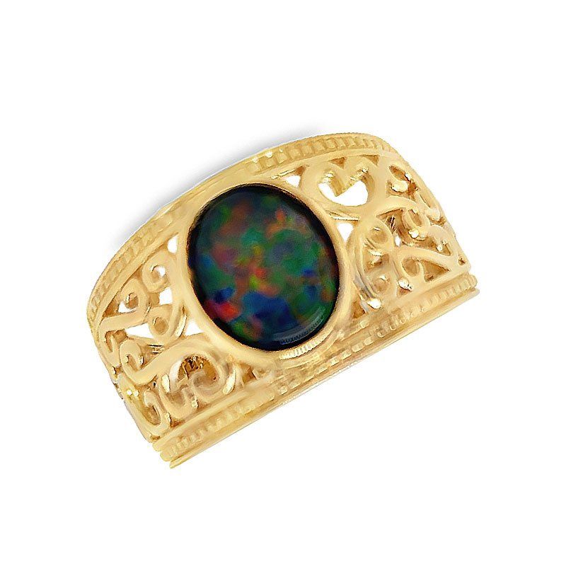 Paterson 9ct Y/G 10x8mm oval bezel set filigree triplet opal ring, SZ P RO313-10X8TC(P)