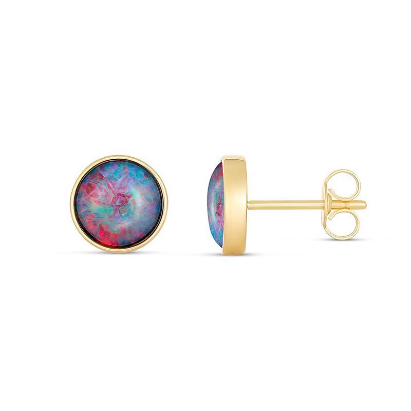 Paterson 9ct Y/G 8mm round bezel set triplet opal studs EO901-8TC