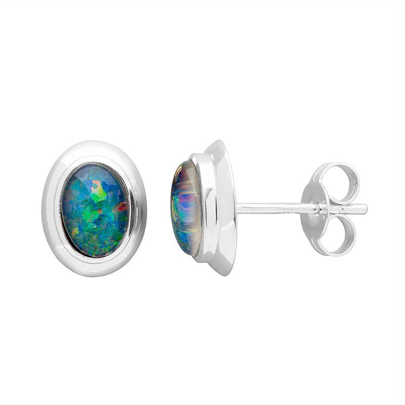 Paterson s/s 6x4mm oval bezel set triplet opal studs EO1007-6X4TA