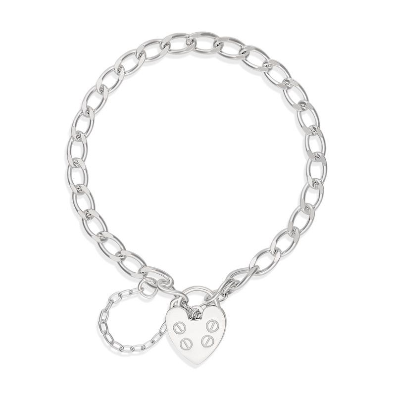 st sil dia cut round curb bracelet with heart padlock 6715A