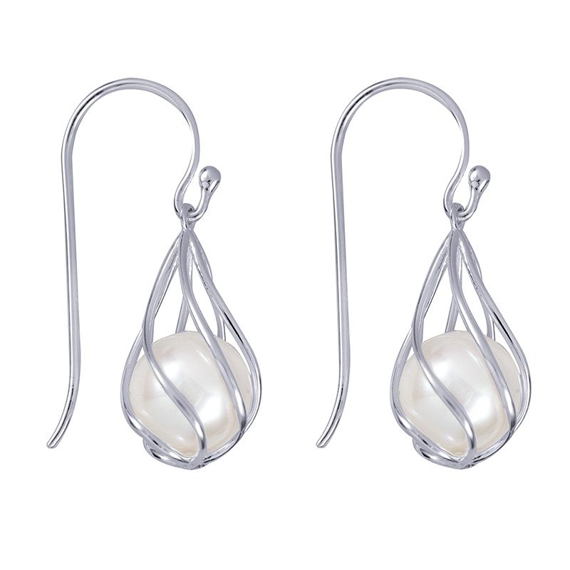 SS CAGED F/WATER CULTURED PEARL E/WIRES EW5218