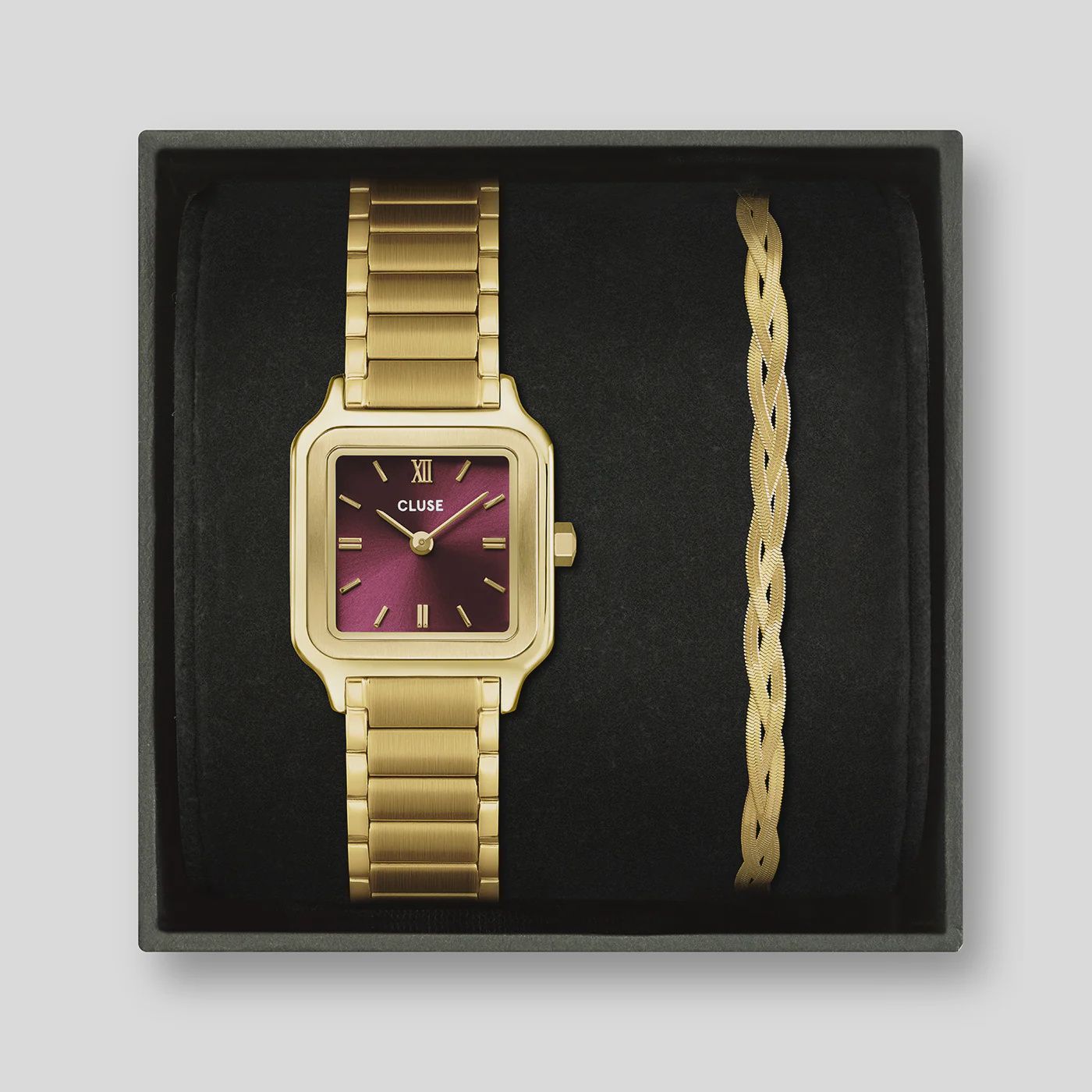 Gift Box Gracieuse Petite Watch Steel, Dark Cherry &amp; Braided Snake Bracelet, Gold Colour