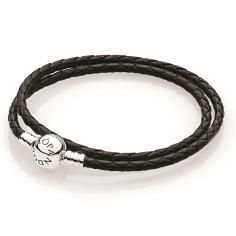 Moments Dbl Blk Woven Leather Bracelet w Silver Cl