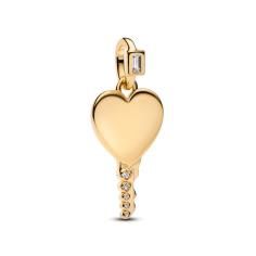 Engravable heart key 14k gold-plated pendant with