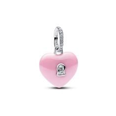 Heart padlock sterling silver dangle with pink cer