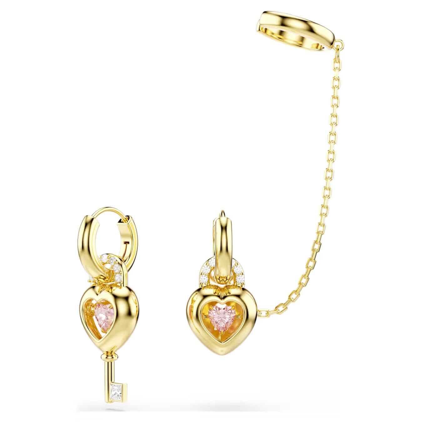 Idyllia drop earrings with ear cuff Mixed cuts, Heart with key, Pink, Gold-tone plated 5737294