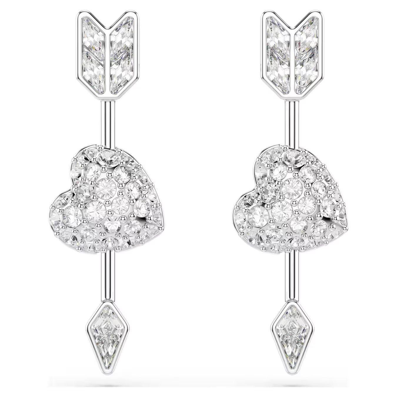 Idyllia drop earrings Mixed cuts, Heart with arrow, White, Rhodium plated 5749602