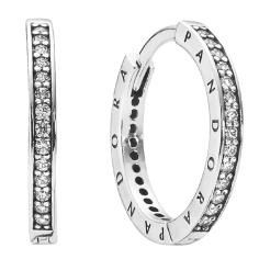 PANDORA Signature Logo Silver Hoop Earrings w CZ 290558CZ