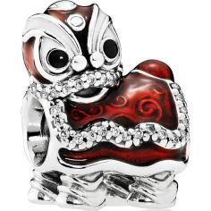 Chinese Lion Dance Silver Charm w CZ &amp; Red, White, Black Enamel 792043CZ