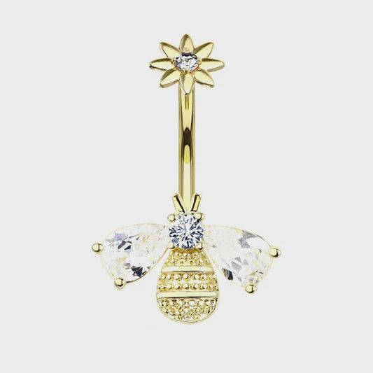 Bee &amp; Flower Internally threadedJewelled Gold Plated Fashion Navel : 1.6mm (14ga) x 10mm Gold PVD - 316L Stainless Steel