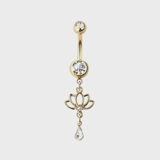 Hanging Lotus Jewelled Dangle Gold PVD - 316L Stainless Steel
