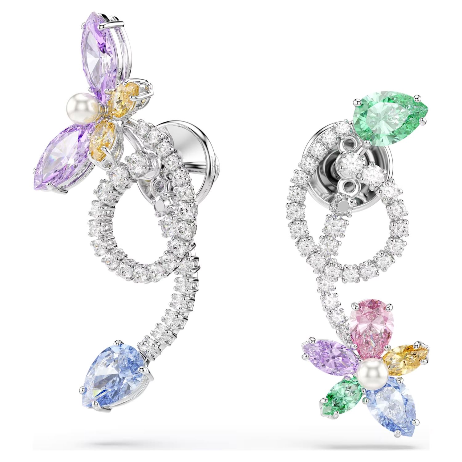 Ariana Grande x Swarovski drop earrings with ear jacket Mixed cuts, Dragonfly, flower, Multicoloured, Rhodium plated 5749190
