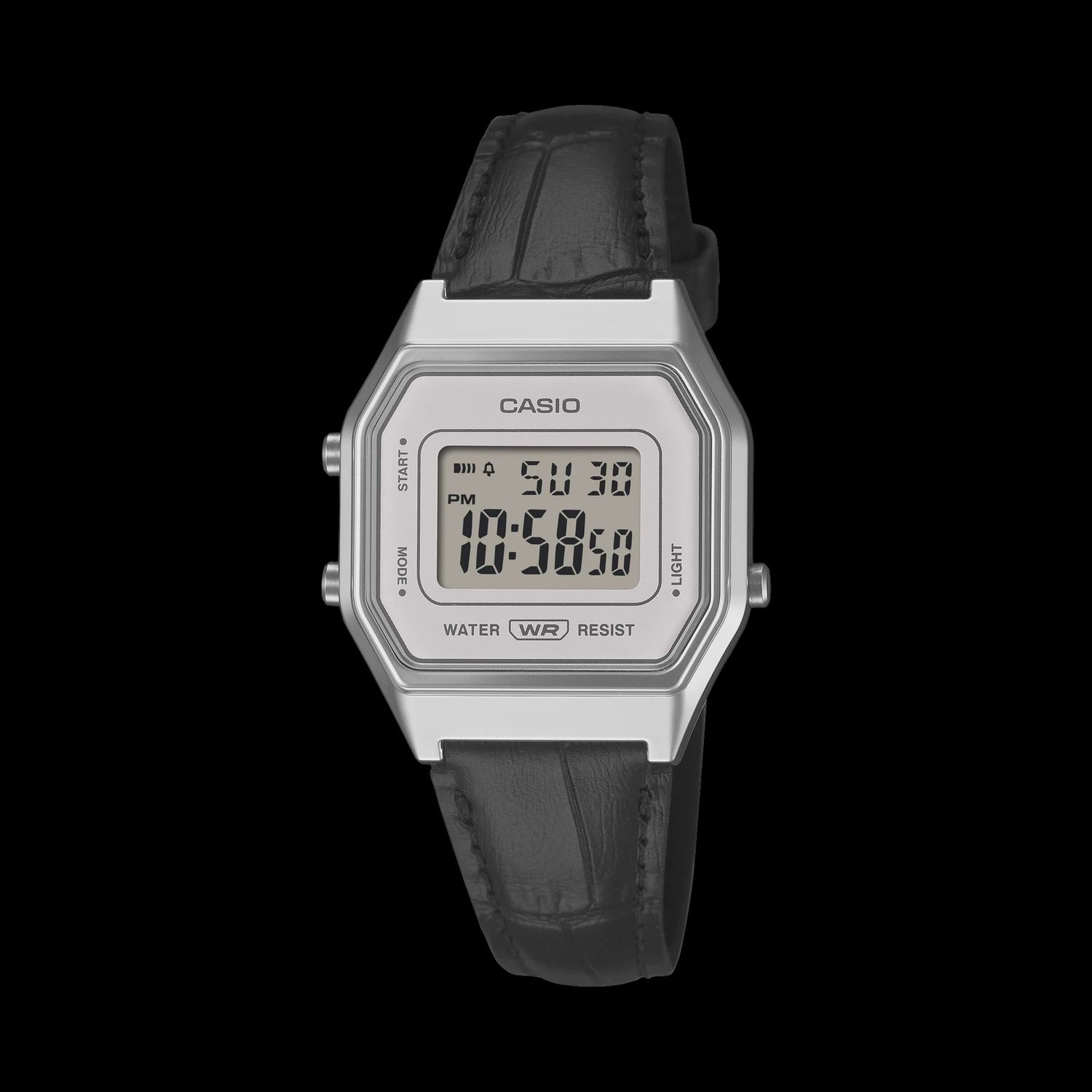 Casio Digital, White Face, Black Leather Band