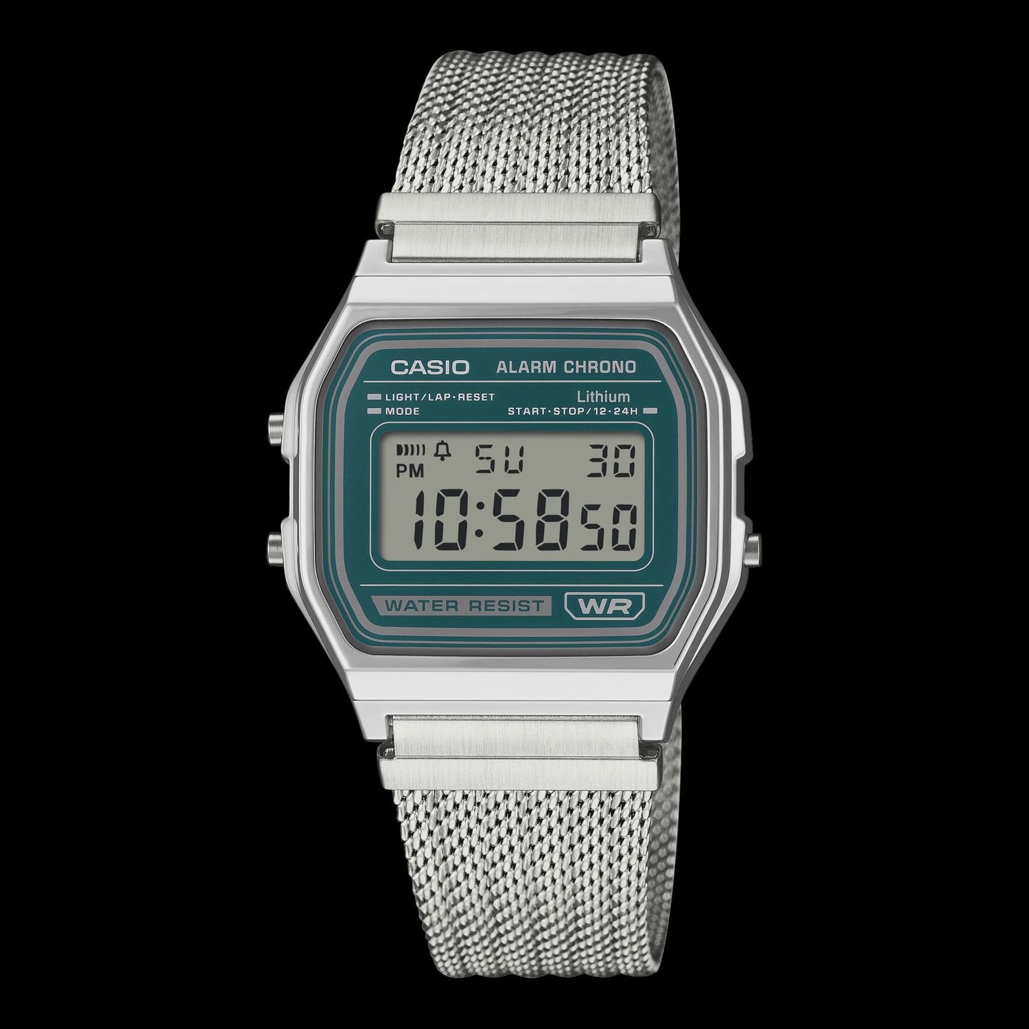 Casio Digital Mesh Band, Green Face, Stainless Steel