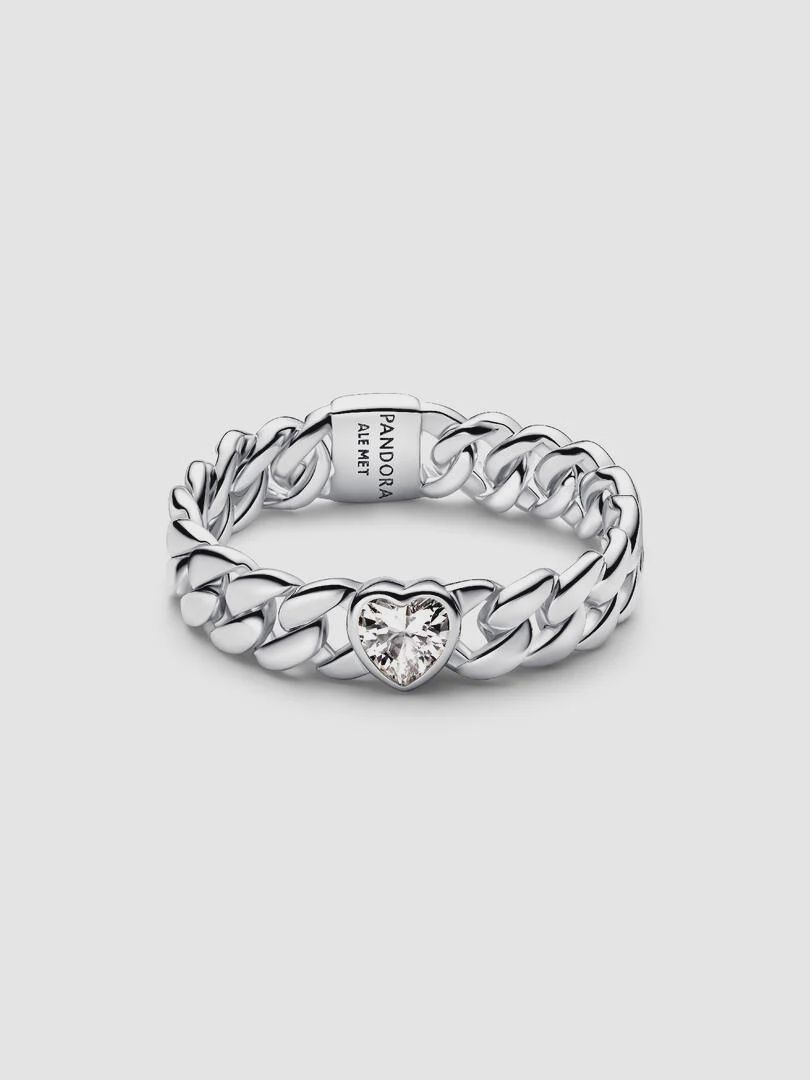 Heart Cuban Chain Ring Silver