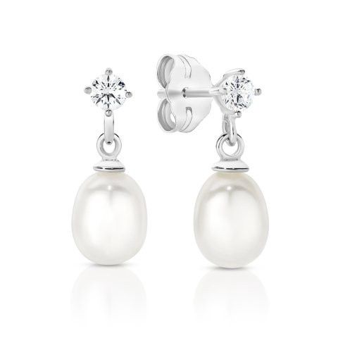 SS freshwater drop pearl stud earrings with claw set CZ at top AG01370