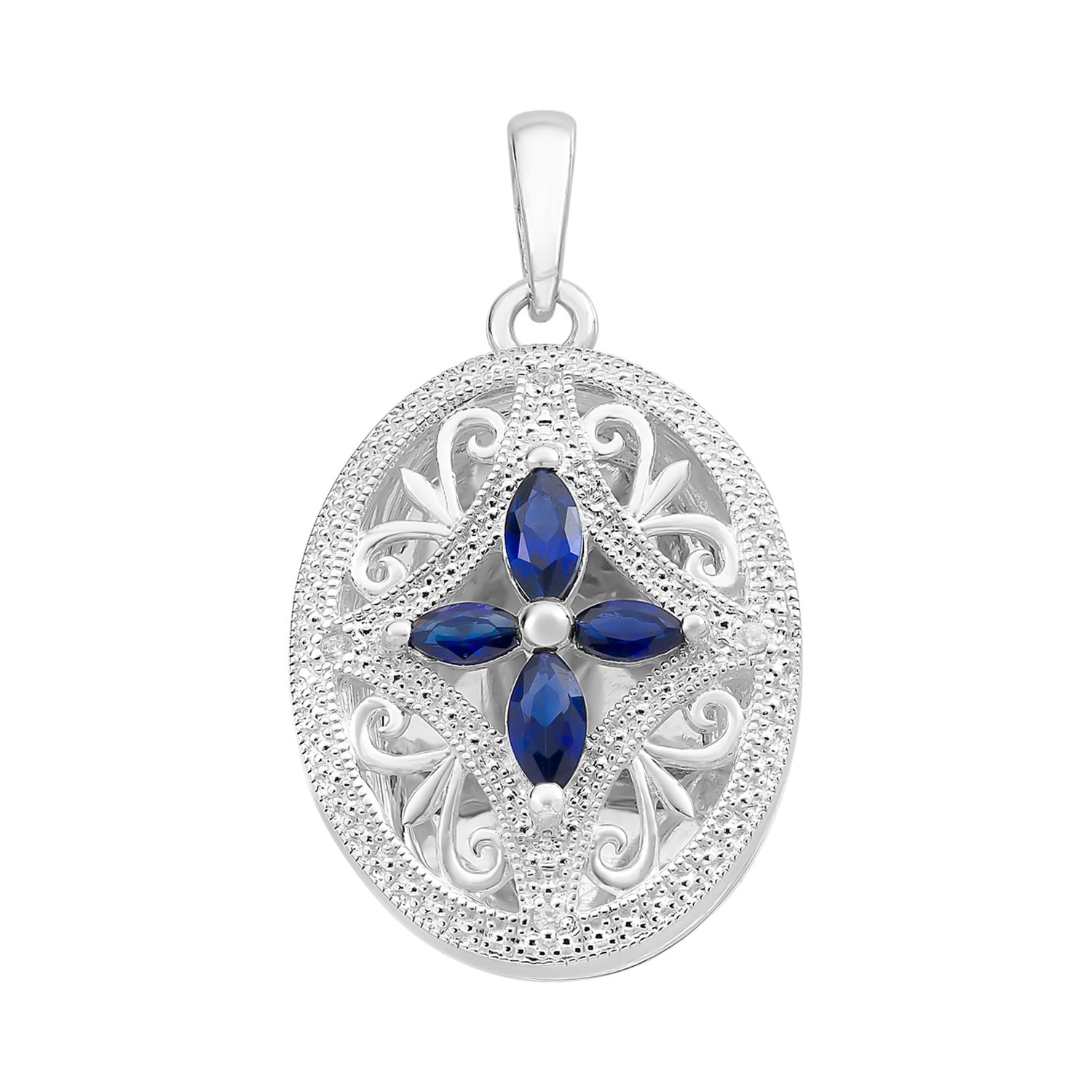 Sterling Silver Created Sapphire &amp; Cubic Zirconia Locket M3399