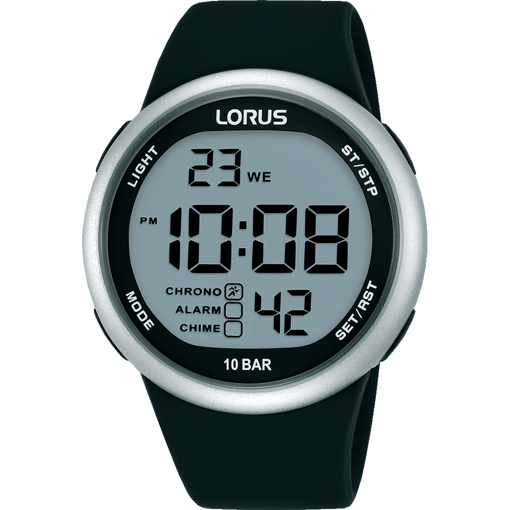 LORUS Men's Digital Sport 100m Black &amp; Silver R2349QX-9