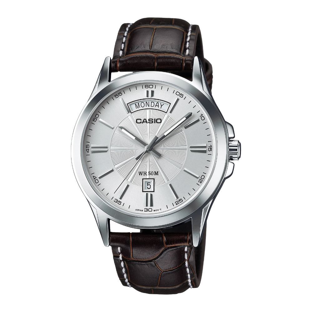 Casio Analogue, Silver Face, Brown Leather Band MTP1381L-7A
