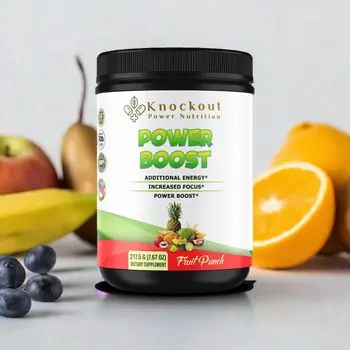 Power Boost dietary supplement container with fruit punch flavor
