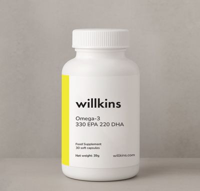 Willkins Omega‑3 supplement bottle with 30 softgel capsules