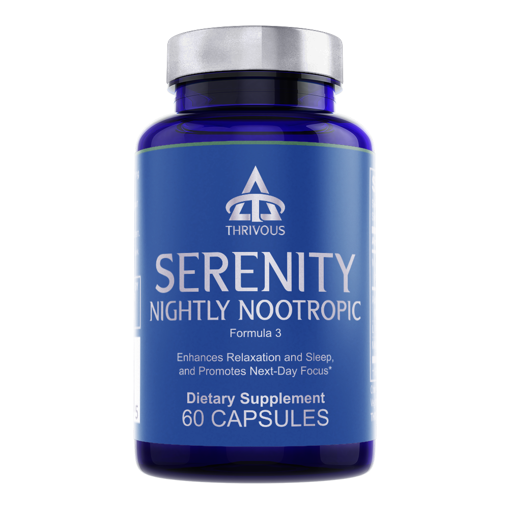 Serenity Nightly Nootropic supplement bottle for evening wellness support