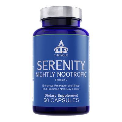 Serenity Nightly Nootropic supplement bottle for evening wellness support