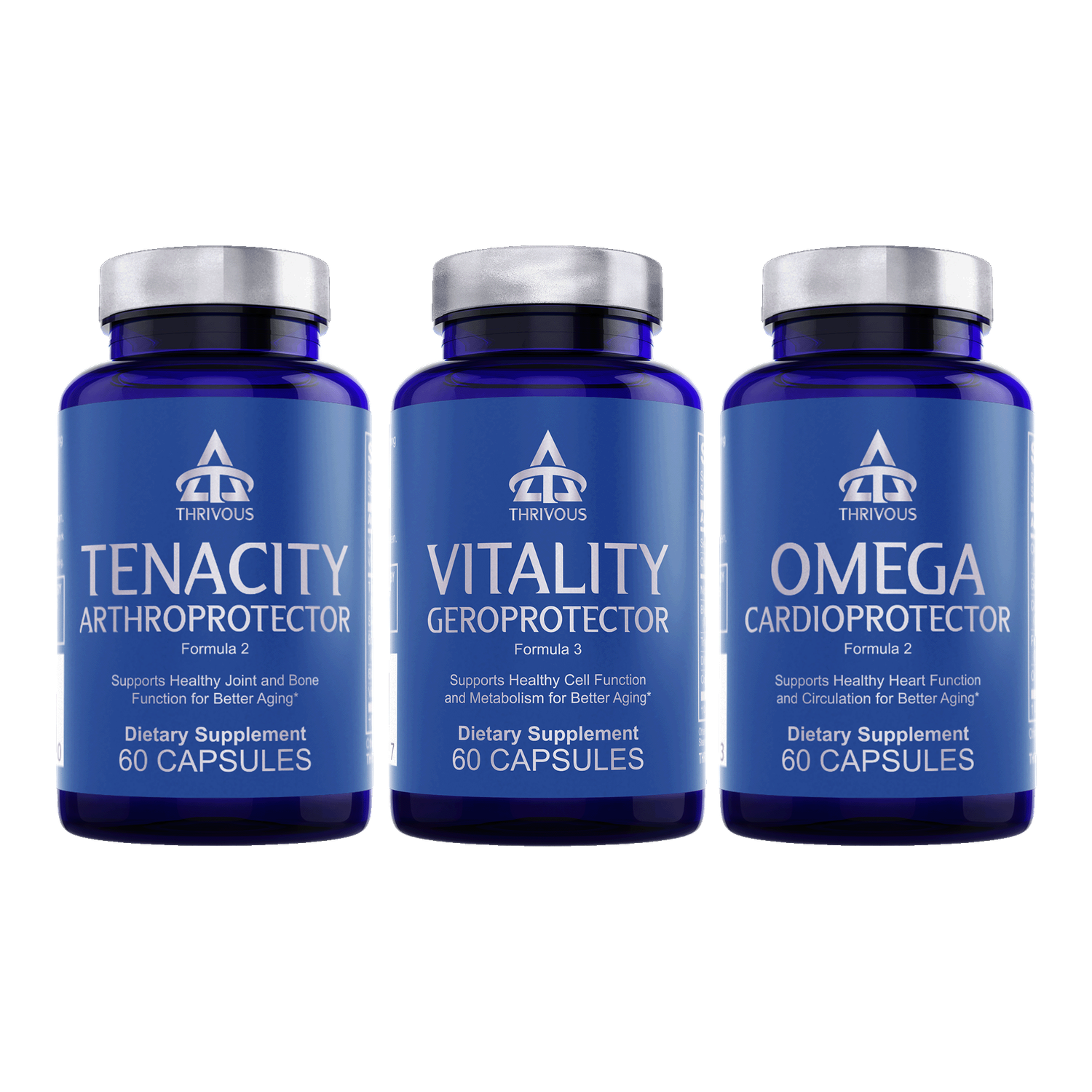 Three Thrivous dietary supplement bottles including Tenacity, Vitality, and Omega formulas