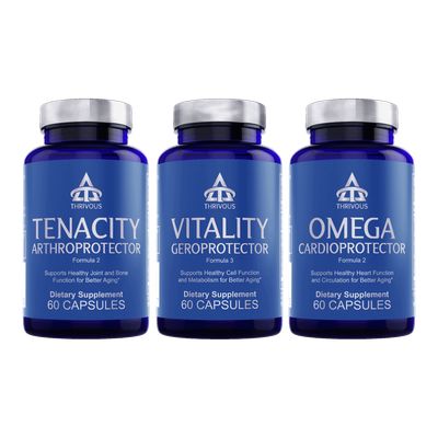 Three Thrivous dietary supplement bottles including Tenacity, Vitality, and Omega formulas