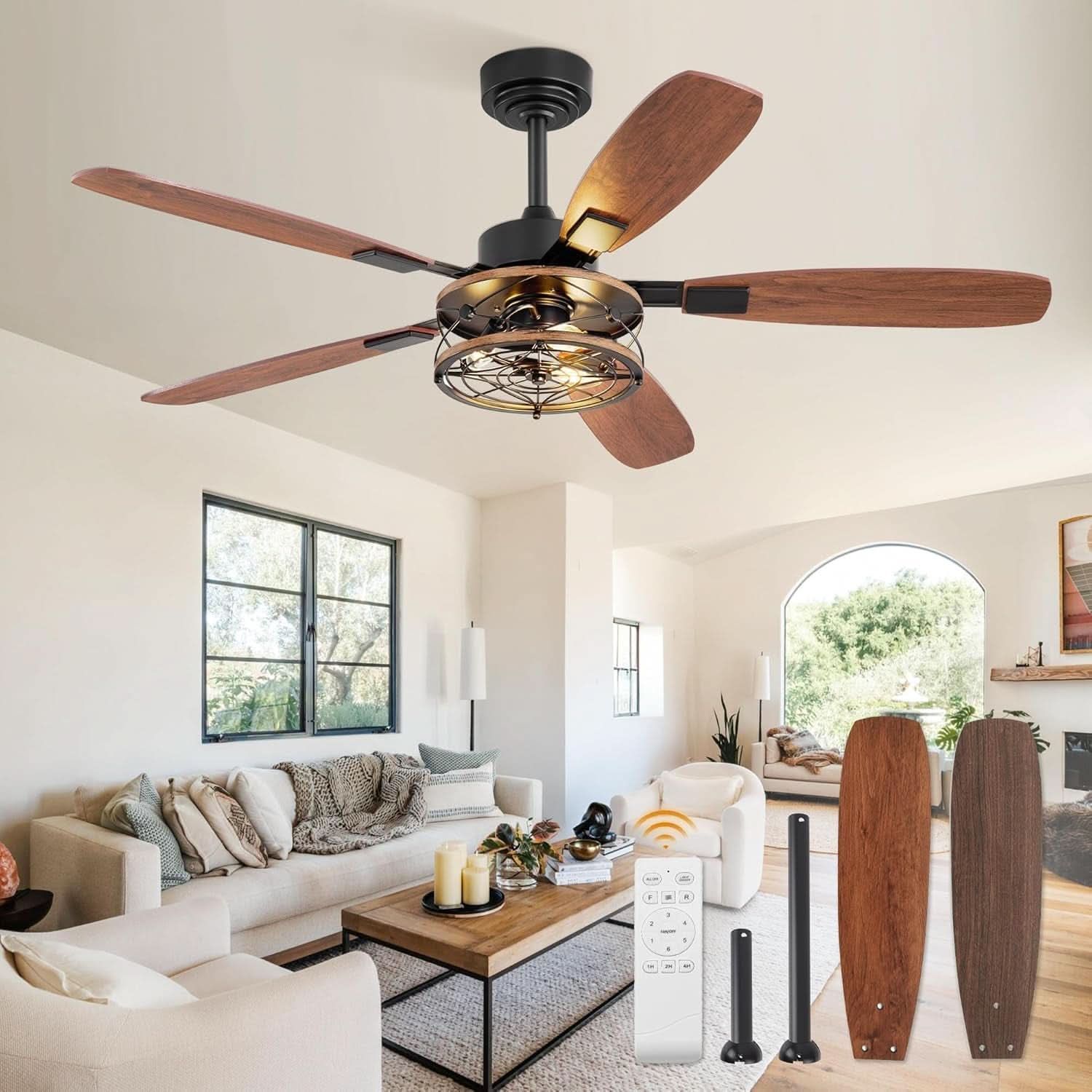 52 Inch Black Farmhouse Ceiling Fan With Light And Remote