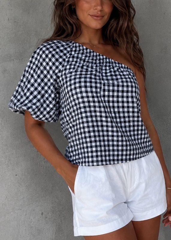 Checked one shoulder top