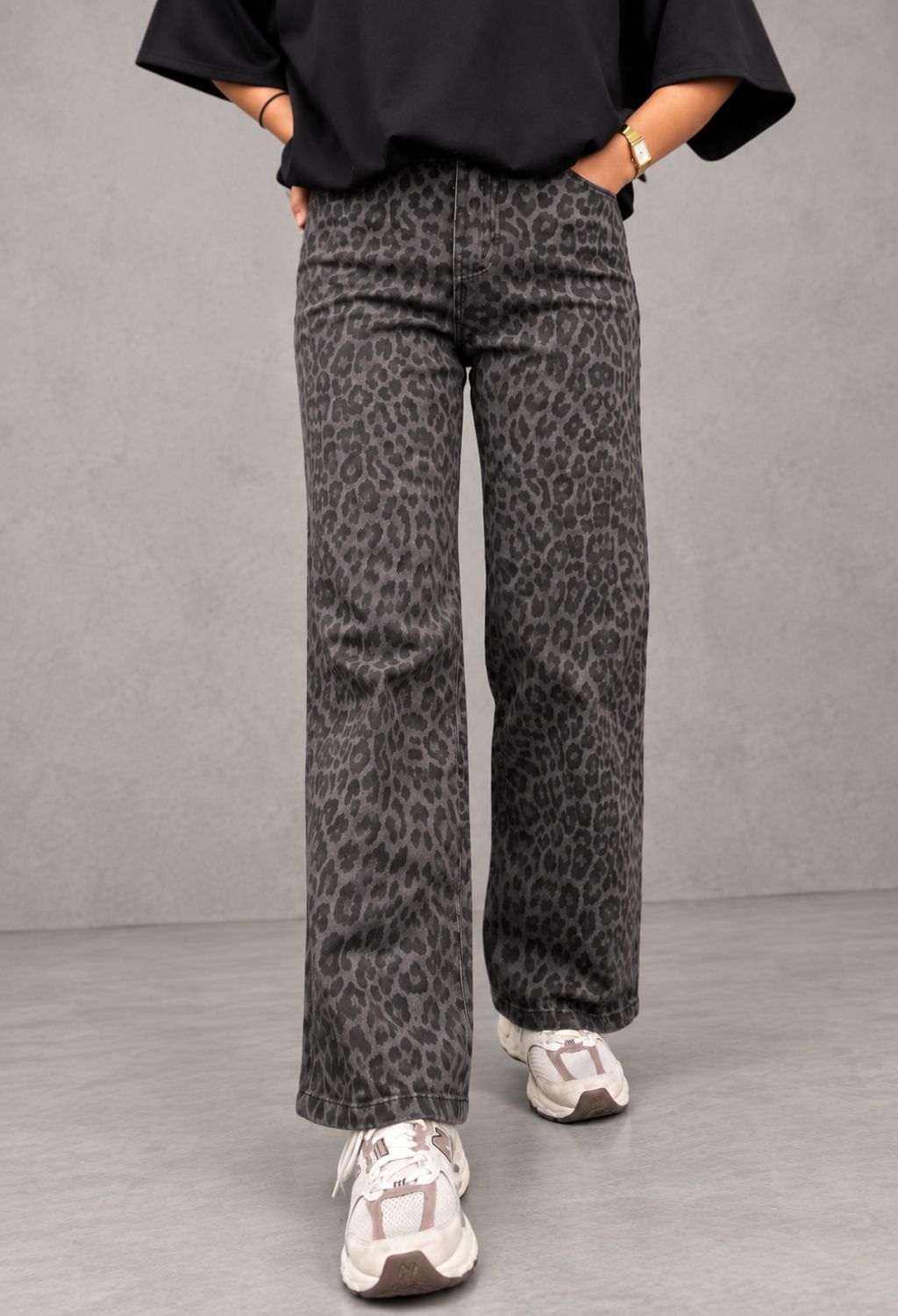 Wide leg leopard denim grey
