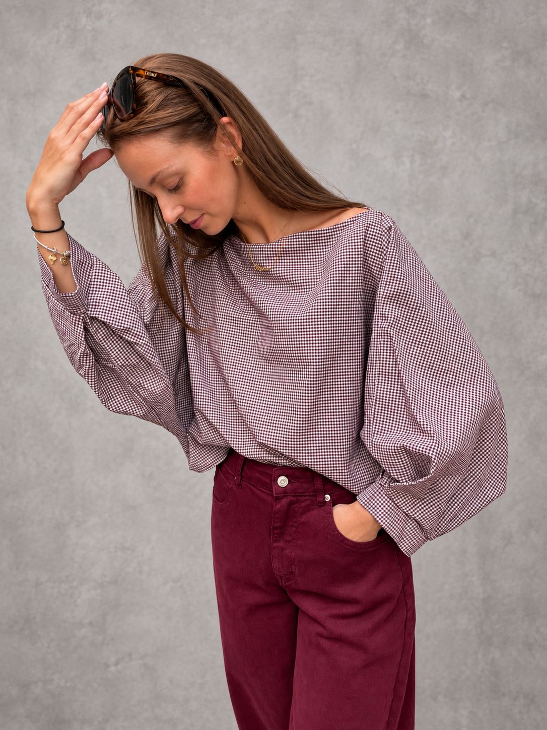 Vichy balloon top burgundy