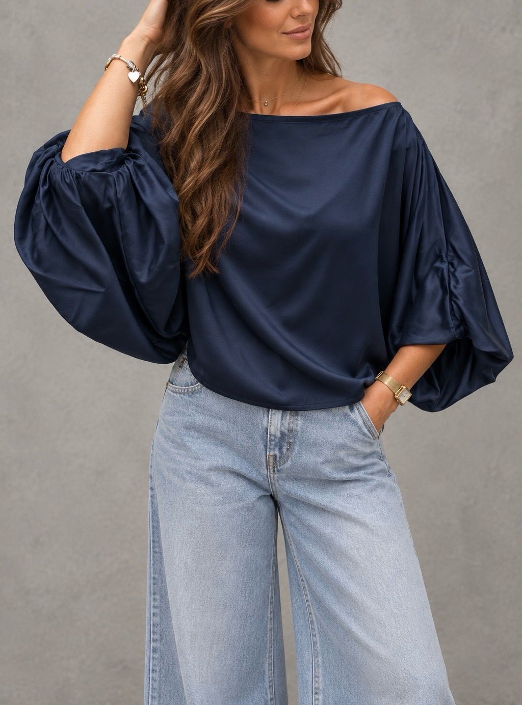 satin balloon top navy