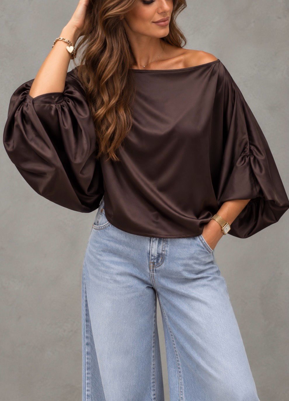 satin balloon top brown