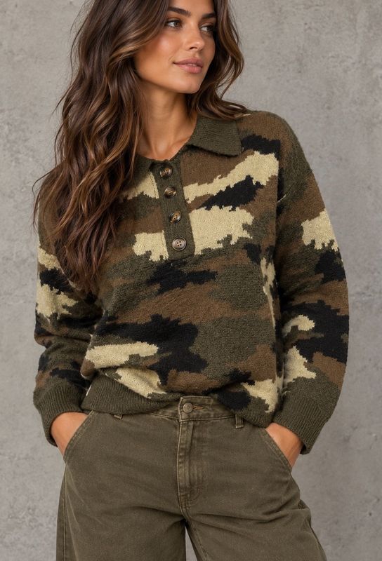 Army button knit kaki