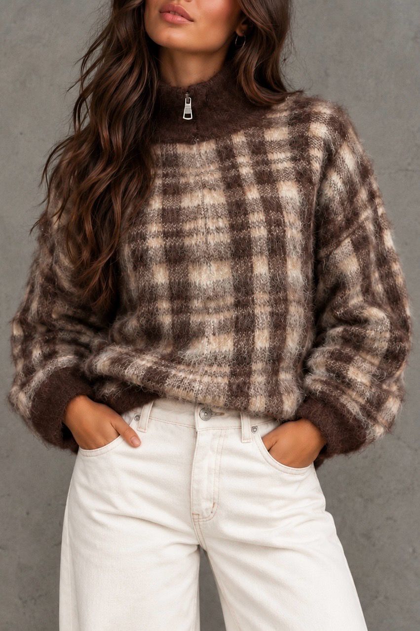 Brushed zip knit brown
