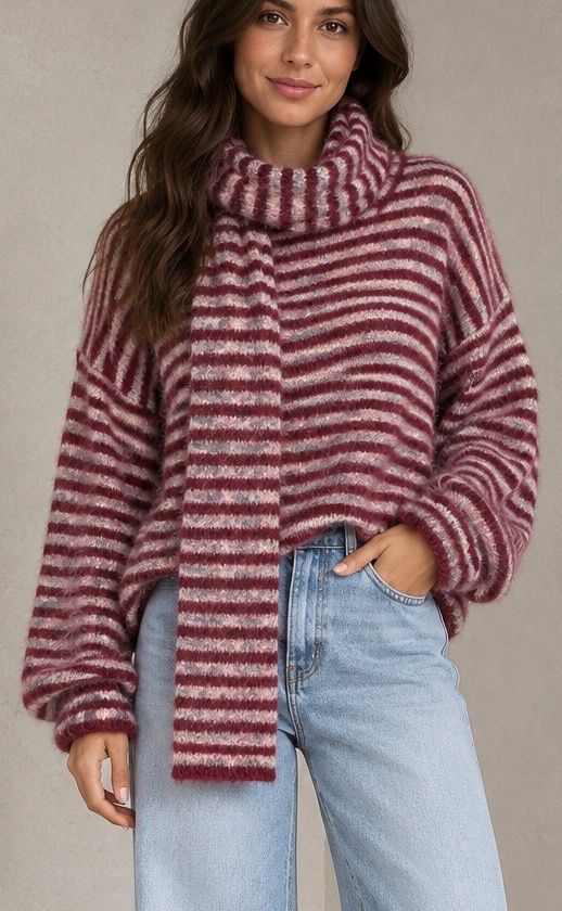 Striped knit + scarf grey burgundy