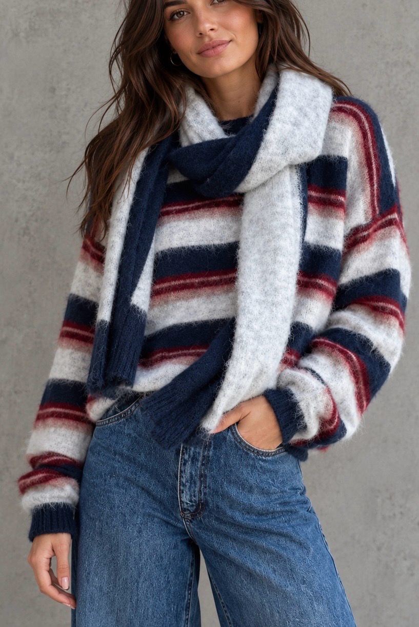Striped knit + scarf grey