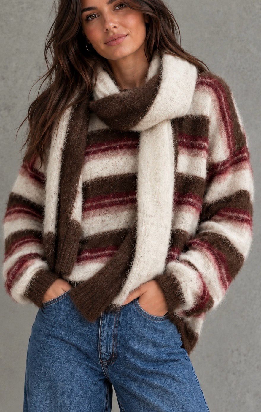 Striped knit + scarf brown