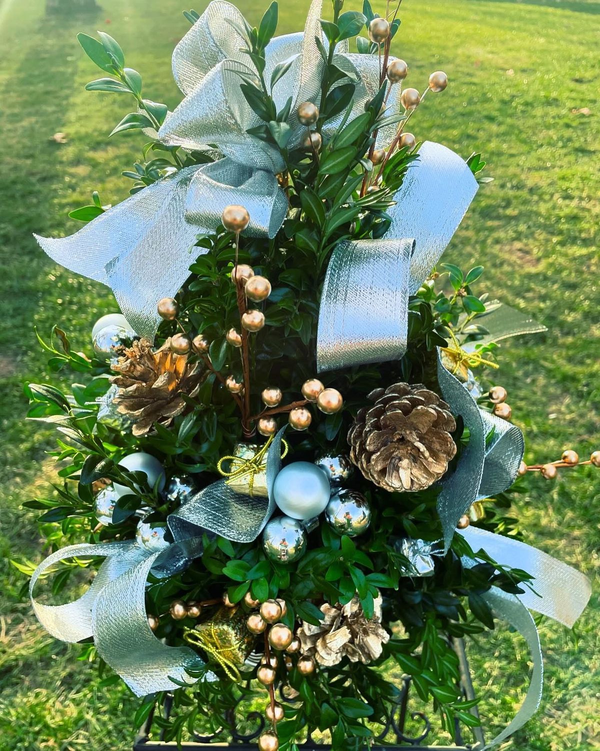 Silver and Gold Boxwood Tree by Twigs Floral Design