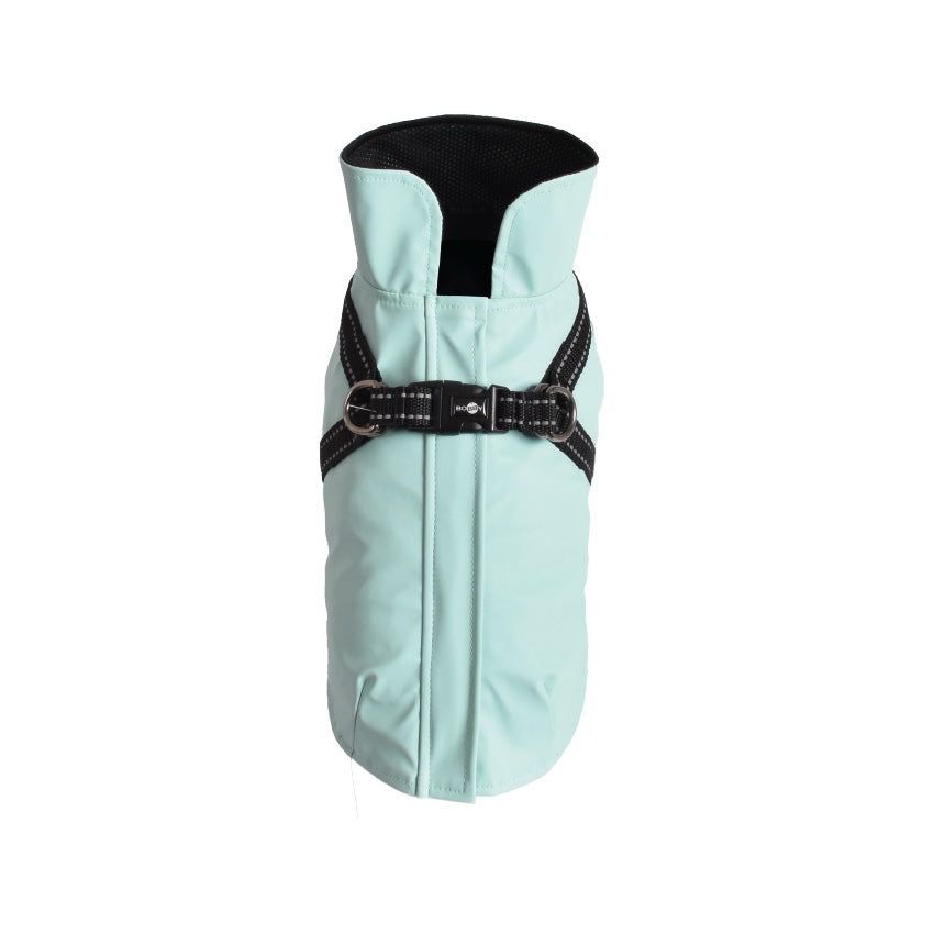 Waterdichte hondenjas azuurblauw van neopreen met reflecterende details maat L 42cm