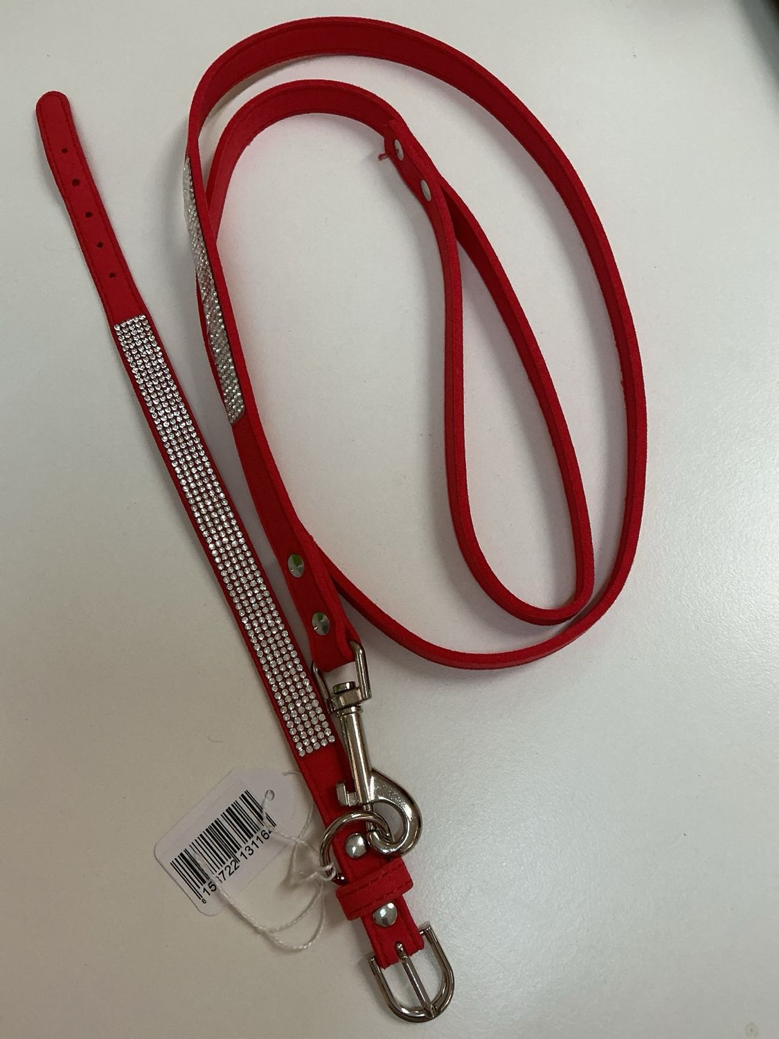 Halsband en leiband 30 cm rood met steentjes